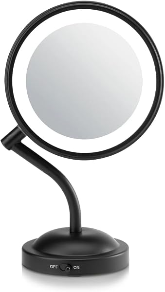Conair Espelho de maquiagem iluminado por LED, dupla face com suporte, ajustável em 360°, preto fosco