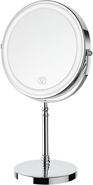 DEIOVWXS Espelho de Maquiagem Iluminado, 8" Reversível com Ampliação 1x/10x, 360° Rotação, 3 Cores de Luz, Bateria Recarregável